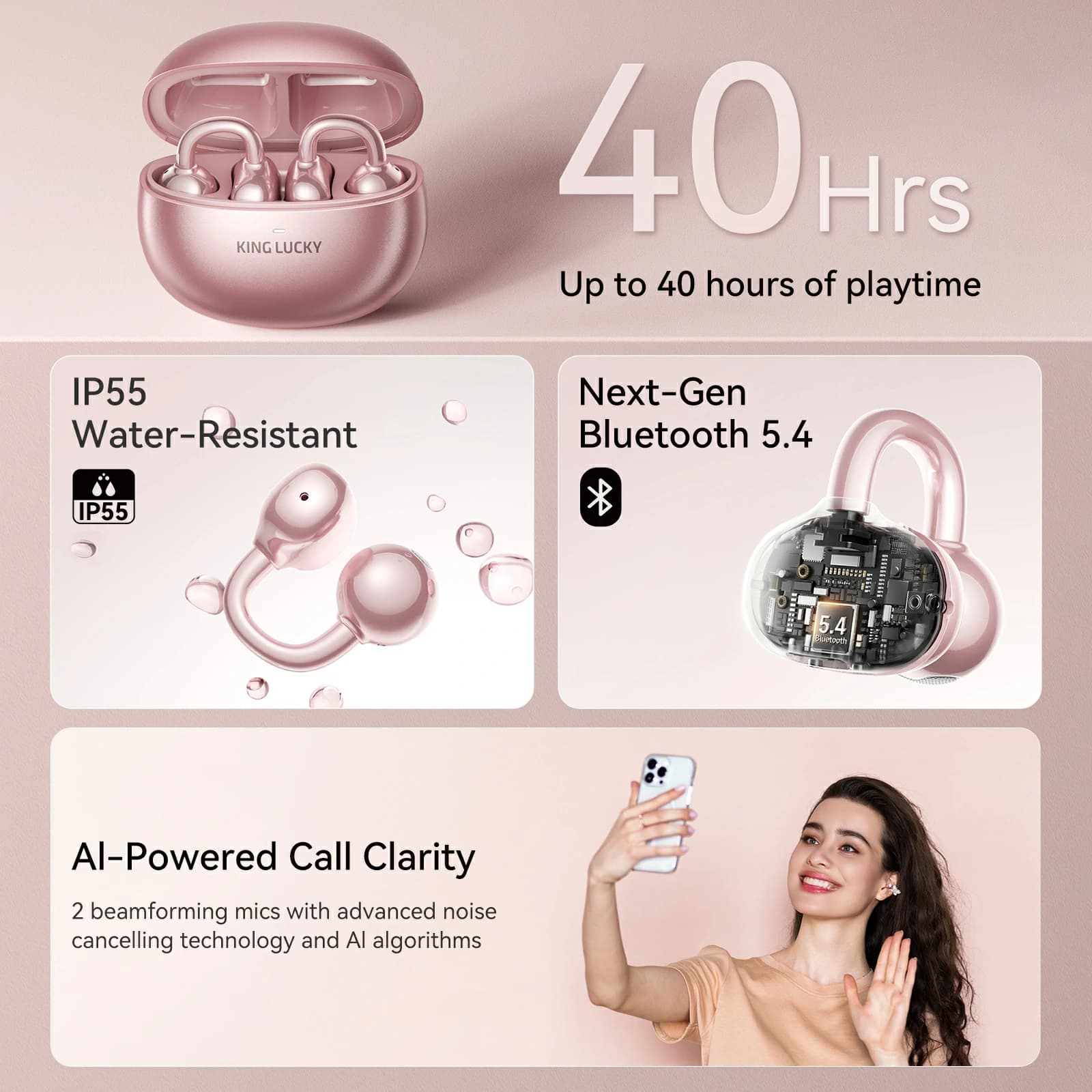 Kinglucky i121 Clip On Earbuds in Pink Crystal Butterfly, detail view