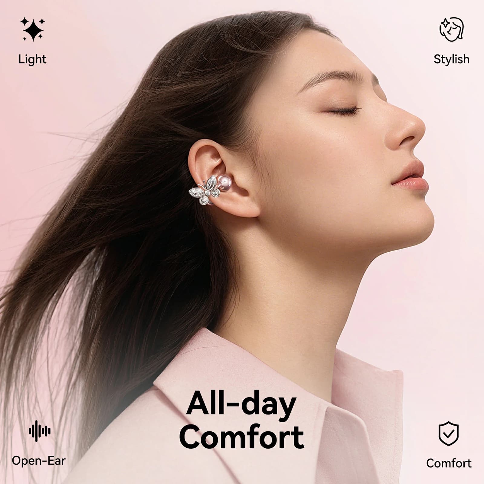 Kinglucky i121 Clip On Earbuds in Pink Bowknot, back view