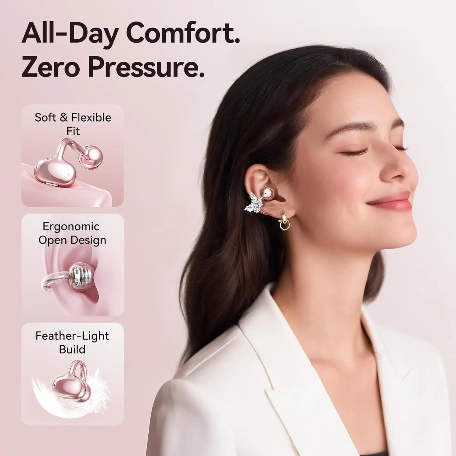 Kinglucky i121 Pro Clip-On Open-Ear Earbuds with Jewelry Earrings, back view 1