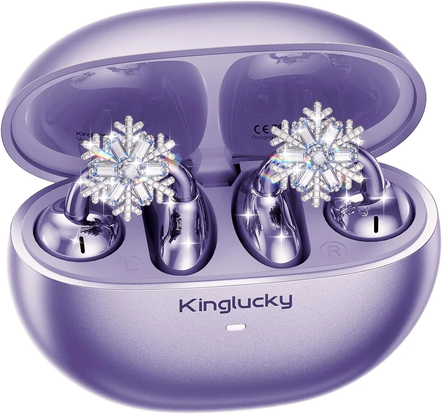 Kinglucky A8 Jewelry Clip-On Earbuds in Purple Snow, in use