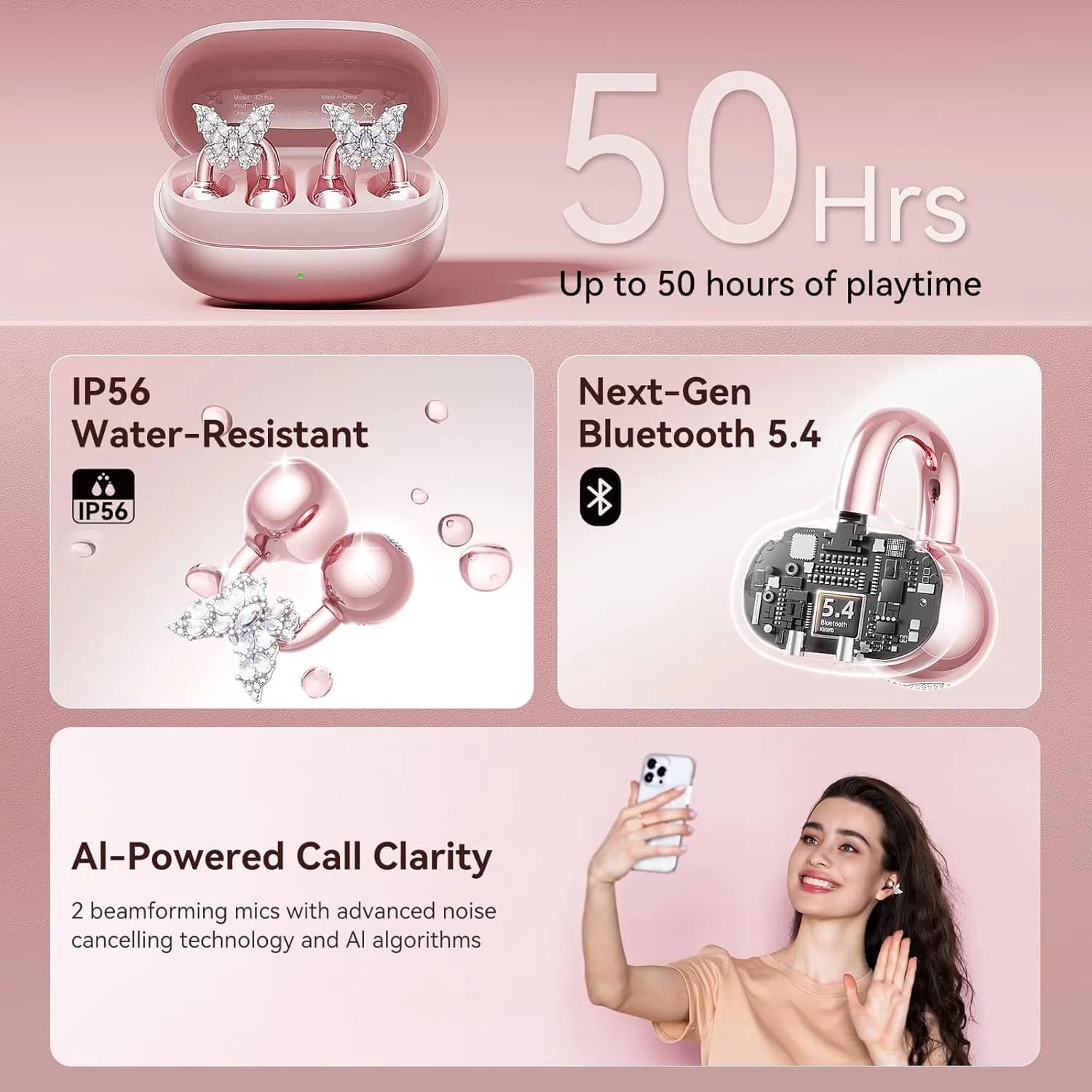 Kinglucky i121 Pro Clip-On Open-Ear Earbuds with Jewelry Earrings, front view 2
