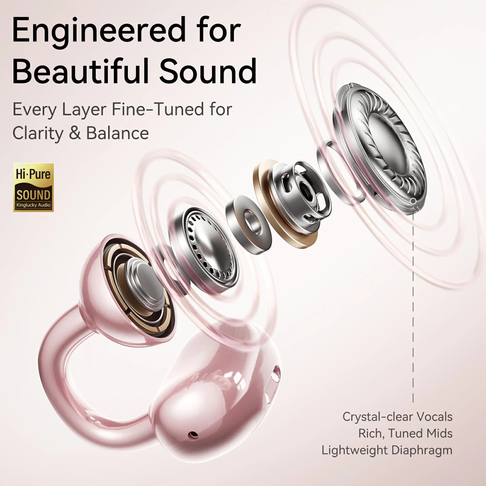 Kinglucky i121 Clip On Earbuds in Pink Aurora, in use