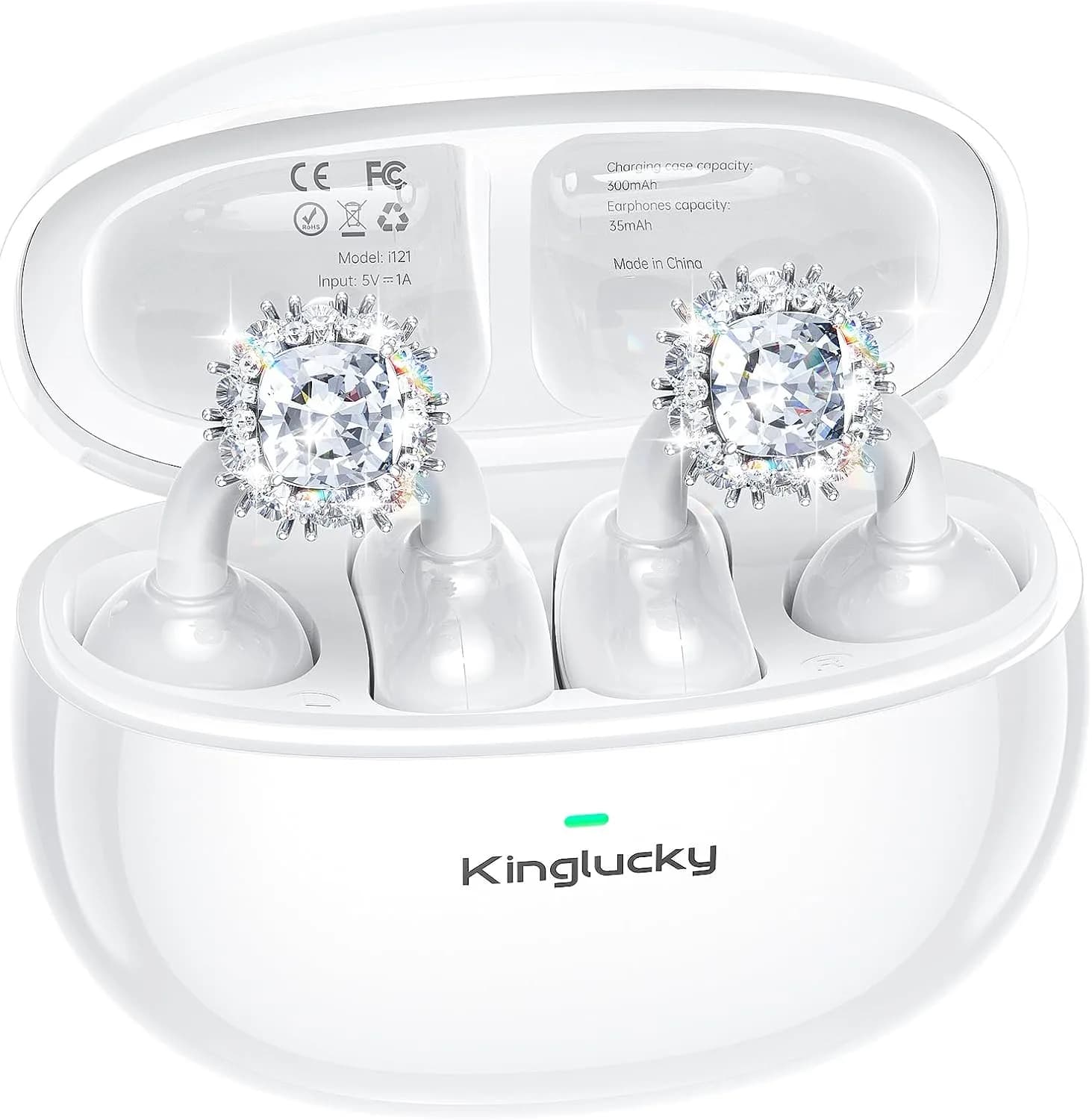 Kinglucky A8 Jewelry Clip-On Earbuds in White, package contents