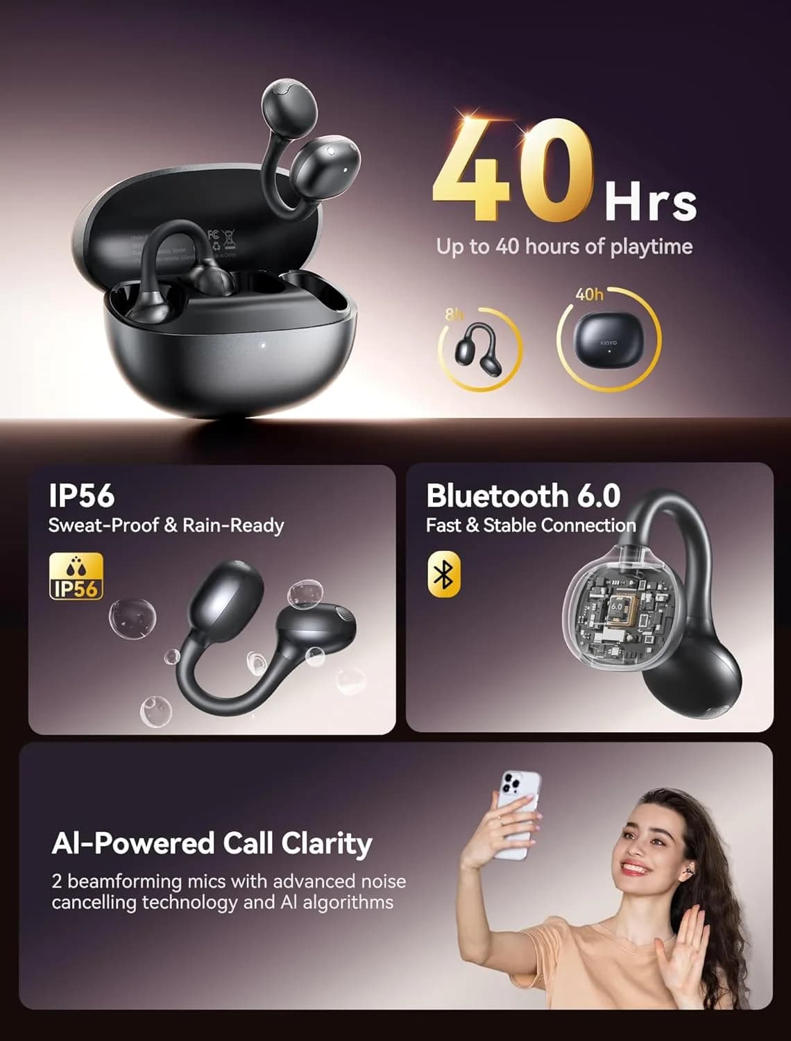 Kinglucky ClipFree A1 Open-Ear Earbuds, front view 2